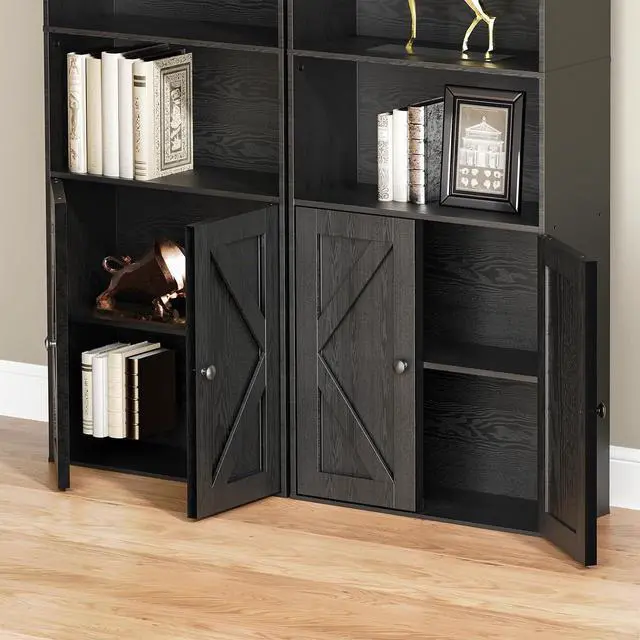 Alt view image 5 of 14 - Tall Wooden Bookshelf with Cabinet and Doors,Vintage Black Bookcase for Bedroom, Living Room, or Home Office Storage, 6 Shelves for Heavy Books & Organization