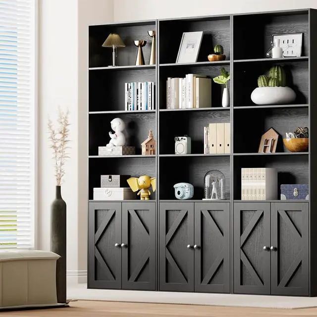 Alt view image 6 of 14 - Tall Wooden Bookshelf with Cabinet and Doors,Vintage Black Bookcase for Bedroom, Living Room, or Home Office Storage, 6 Shelves for Heavy Books & Organization