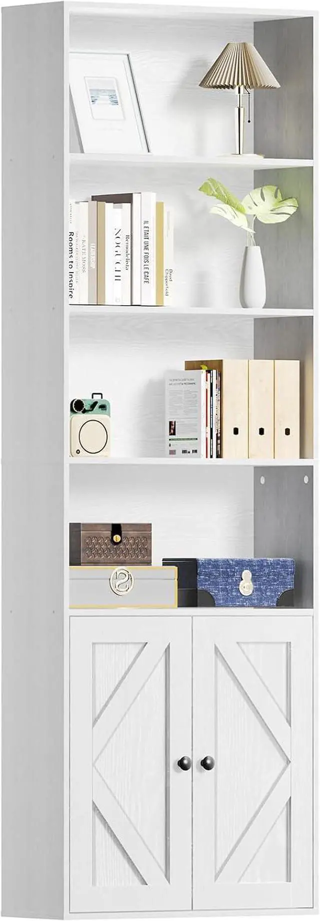 Main image of Tall Wooden Bookshelf with Cabinet and Doors,White Bookcase for Bedroom, Living Room, or Home Office Storage, 6 Shelves for Heavy Books & Organization