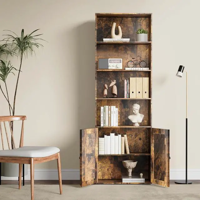 Alt view image 2 of 7 - Tall Wooden Bookshelf with Cabinet and Doors,Vintage Brown Bookcase for Bedroom, Living Room, or Home Office Storage,6 Shelves for Heavy Books & Organization