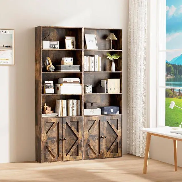 Alt view image 4 of 7 - Tall Wooden Bookshelf with Cabinet and Doors,Vintage Brown Bookcase for Bedroom, Living Room, or Home Office Storage,6 Shelves for Heavy Books & Organization