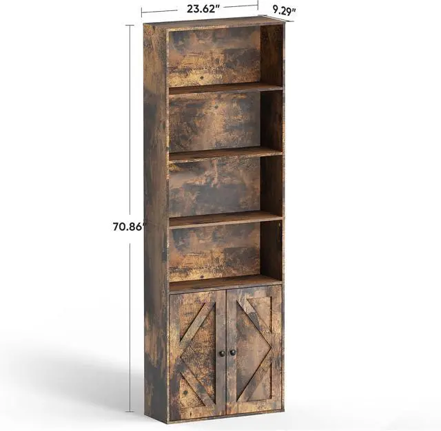Alt view image 3 of 7 - Tall Wooden Bookshelf with Cabinet and Doors,Vintage Brown Bookcase for Bedroom, Living Room, or Home Office Storage,6 Shelves for Heavy Books & Organization