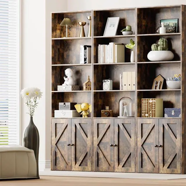 Alt view image 6 of 7 - Tall Wooden Bookshelf with Cabinet and Doors,Vintage Brown Bookcase for Bedroom, Living Room, or Home Office Storage,6 Shelves for Heavy Books & Organization