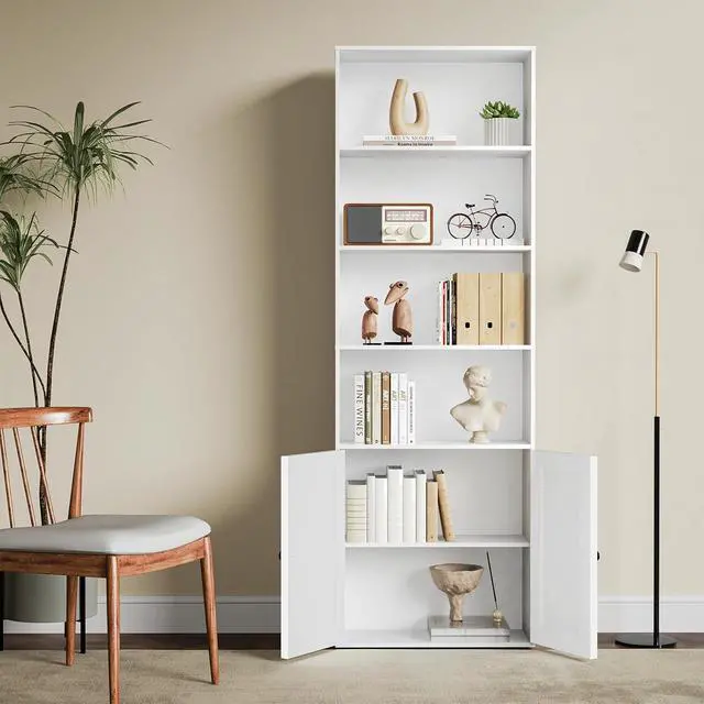 Alt view image 4 of 7 - Tall Wooden Bookshelf with Cabinet and Doors,White Bookcase for Bedroom, Living Room, or Home Office Storage, 6 Shelves for Heavy Books & Organization
