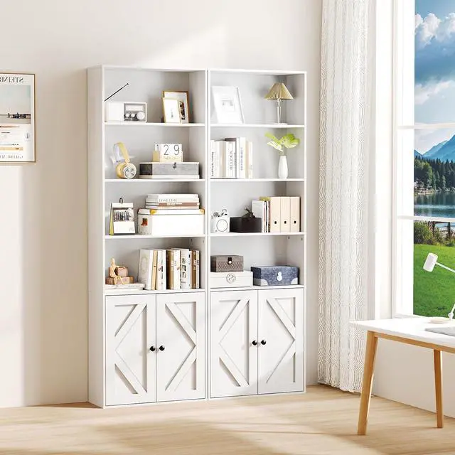 Alt view image 2 of 7 - Tall Wooden Bookshelf with Cabinet and Doors,White Bookcase for Bedroom, Living Room, or Home Office Storage, 6 Shelves for Heavy Books & Organization