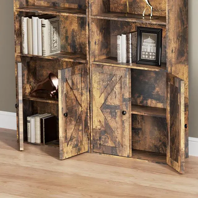 Alt view image 5 of 7 - Tall Wooden Bookshelf with Cabinet and Doors,Vintage Brown Bookcase for Bedroom, Living Room, or Home Office Storage,6 Shelves for Heavy Books & Organization