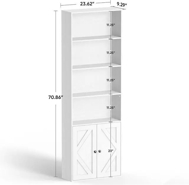 Alt view image 3 of 7 - Tall Wooden Bookshelf with Cabinet and Doors,White Bookcase for Bedroom, Living Room, or Home Office Storage, 6 Shelves for Heavy Books & Organization