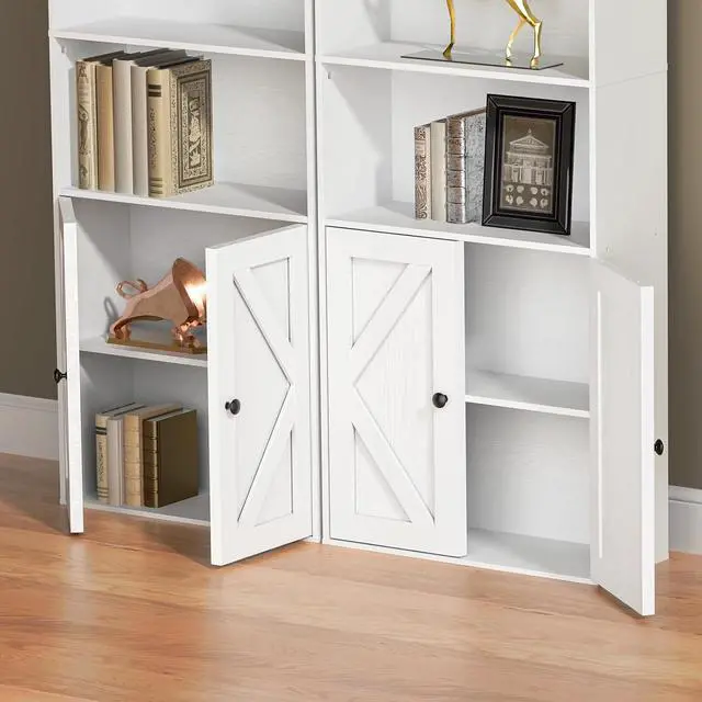 Alt view image 6 of 7 - Tall Wooden Bookshelf with Cabinet and Doors,White Bookcase for Bedroom, Living Room, or Home Office Storage, 6 Shelves for Heavy Books & Organization