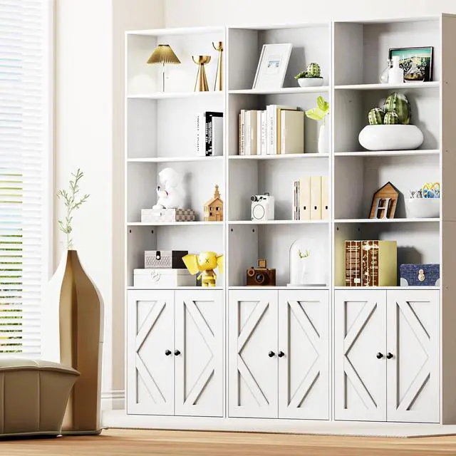 Alt view image 5 of 7 - Tall Wooden Bookshelf with Cabinet and Doors,White Bookcase for Bedroom, Living Room, or Home Office Storage, 6 Shelves for Heavy Books & Organization