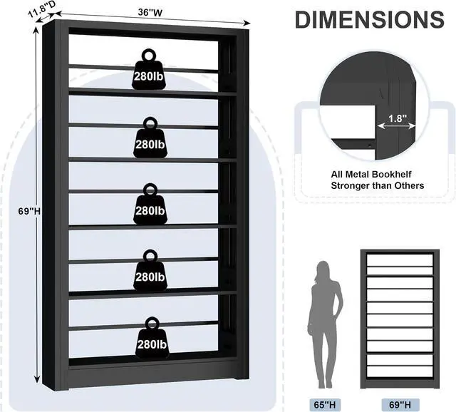 Alt view image 3 of 7 - Metal Bookshelf, 5 Tier Bookshelf with Adjustable Shelves, Black Bookcase, Heavy Duty 69 Tall Bookcase, Large Book Case Book Shelf for Bedroom, Living Room, Office, Library