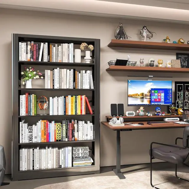 Alt view image 2 of 7 - Metal Bookshelf, 5 Tier Bookshelf with Adjustable Shelves, Black Bookcase, Heavy Duty 69 Tall Bookcase, Large Book Case Book Shelf for Bedroom, Living Room, Office, Library