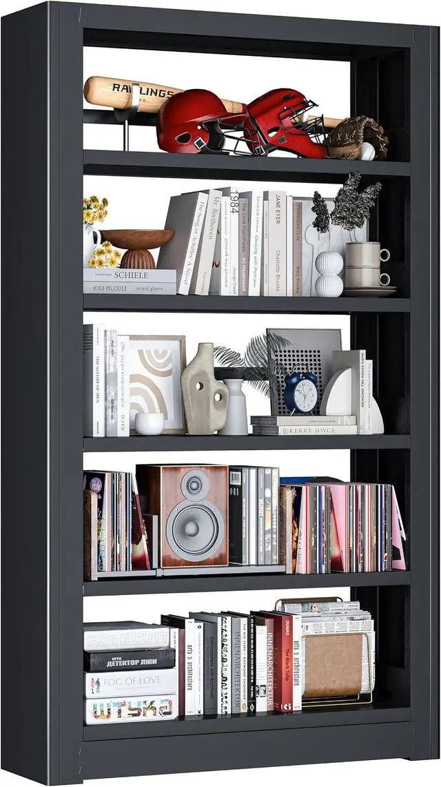Alt view image 4 of 7 - Metal Bookshelf, 5 Tier Bookshelf with Adjustable Shelves, Black Bookcase, Heavy Duty 69 Tall Bookcase, Large Book Case Book Shelf for Bedroom, Living Room, Office, Library
