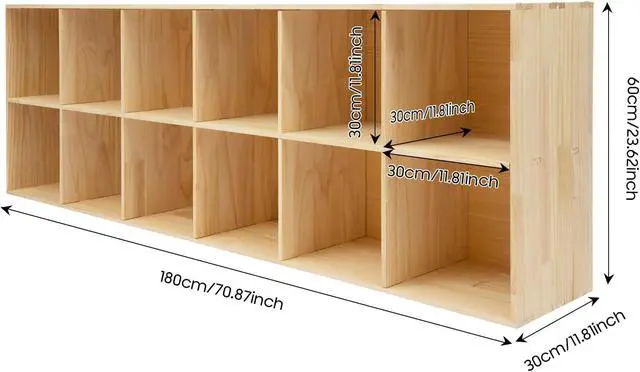 Alt view image 2 of 7 - 12-Compartment Solid Wood Bookcase, 2 Tier Wooden Cube Shelf Bookcase Floor Standing Bookshelf, Storage Cubes Organizer Storage Cabinet for Living Rooms, Bedrooms, Study Rooms