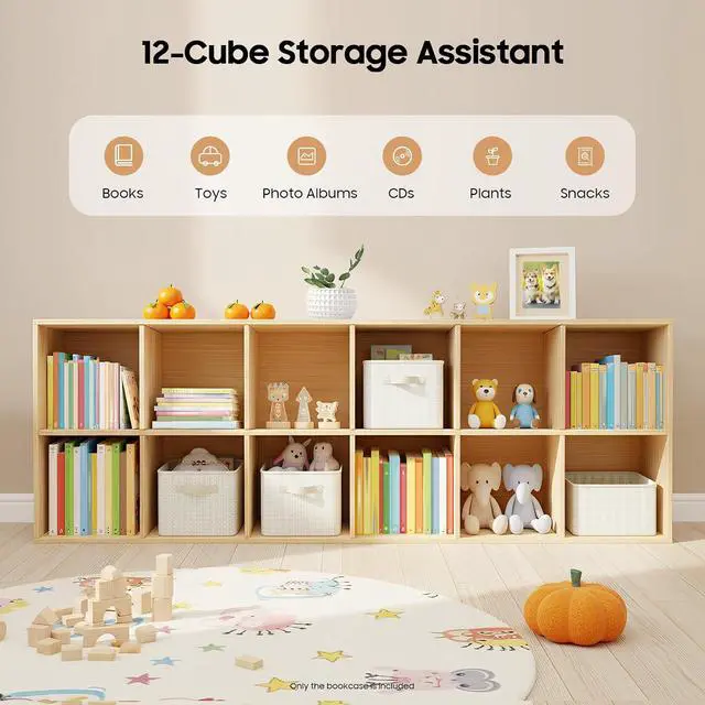 Alt view image 3 of 7 - 12-Compartment Solid Wood Bookcase, 2 Tier Wooden Cube Shelf Bookcase Floor Standing Bookshelf, Storage Cubes Organizer Storage Cabinet for Living Rooms, Bedrooms, Study Rooms