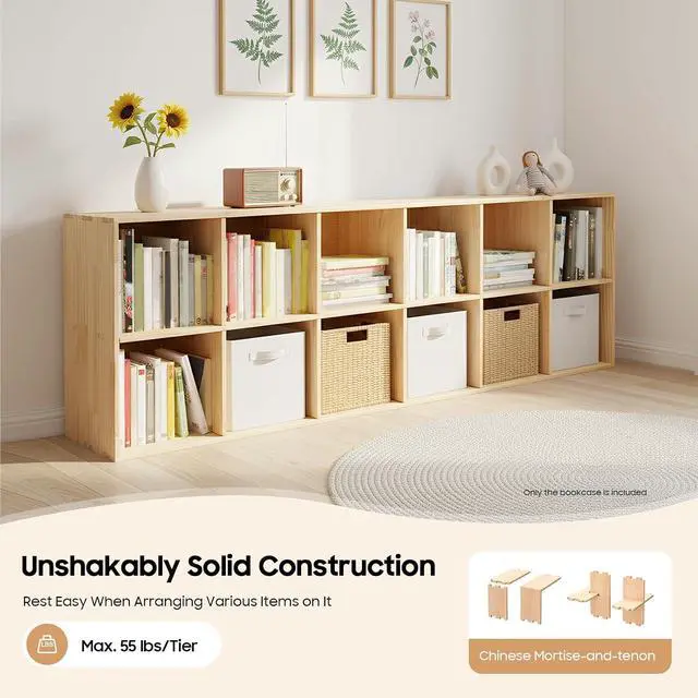 Alt view image 4 of 7 - 12-Compartment Solid Wood Bookcase, 2 Tier Wooden Cube Shelf Bookcase Floor Standing Bookshelf, Storage Cubes Organizer Storage Cabinet for Living Rooms, Bedrooms, Study Rooms