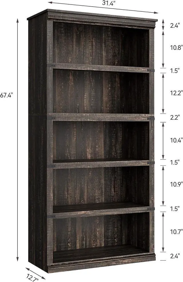 Alt view image 3 of 7 - 5 Tier Bookcase, Farmhouse Book Shelf with Storage, Tall Wooden Bookcase for Home Office, Living Room, Bedroom - Dark Oak Color, 67.4" H x 31.5" W x 12.8" D, Rustic Colonial Design