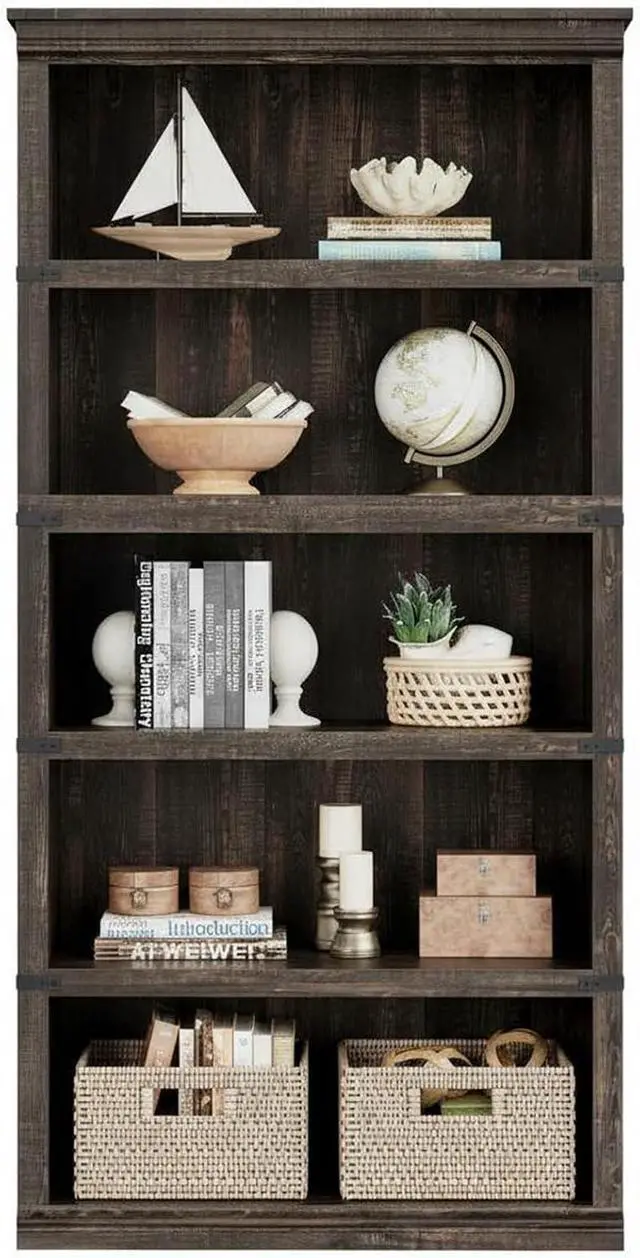 Main image of 5 Tier Bookcase, Farmhouse Book Shelf with Storage, Tall Wooden Bookcase for Home Office, Living Room, Bedroom - Dark Oak Color, 67.4" H x 31.5" W x 12.8" D, Rustic Colonial Design