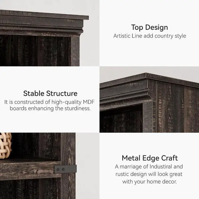 Alt view image 5 of 7 - 5 Tier Bookcase, Farmhouse Book Shelf with Storage, Tall Wooden Bookcase for Home Office, Living Room, Bedroom - Dark Oak Color, 67.4" H x 31.5" W x 12.8" D, Rustic Colonial Design