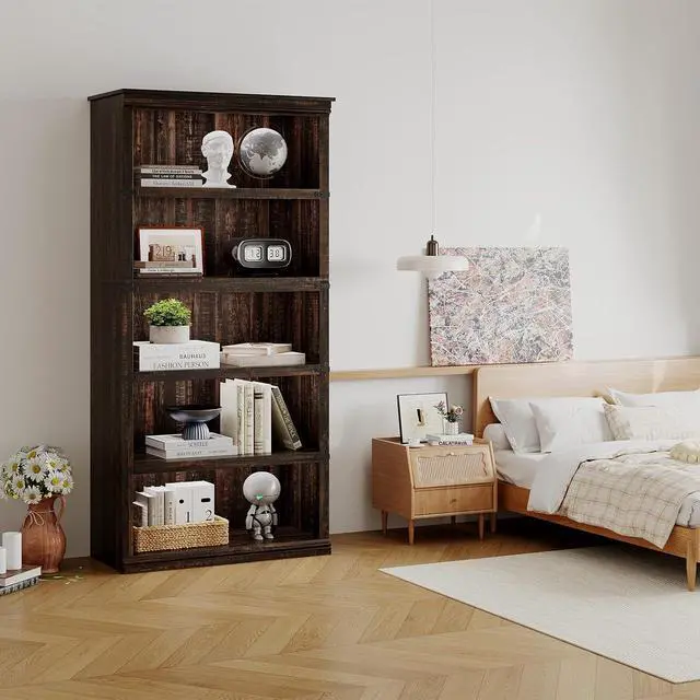 Alt view image 7 of 7 - 5 Tier Bookcase, Farmhouse Book Shelf with Storage, Tall Wooden Bookcase for Home Office, Living Room, Bedroom - Dark Oak Color, 67.4" H x 31.5" W x 12.8" D, Rustic Colonial Design