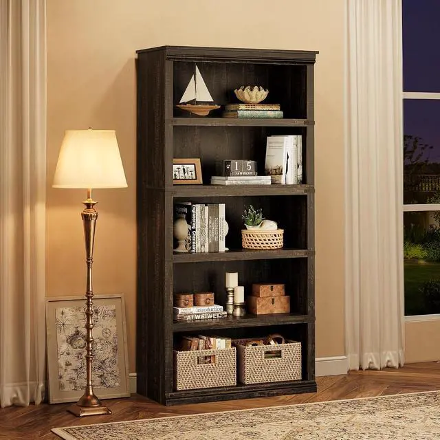 Alt view image 6 of 7 - 5 Tier Bookcase, Farmhouse Book Shelf with Storage, Tall Wooden Bookcase for Home Office, Living Room, Bedroom - Dark Oak Color, 67.4" H x 31.5" W x 12.8" D, Rustic Colonial Design