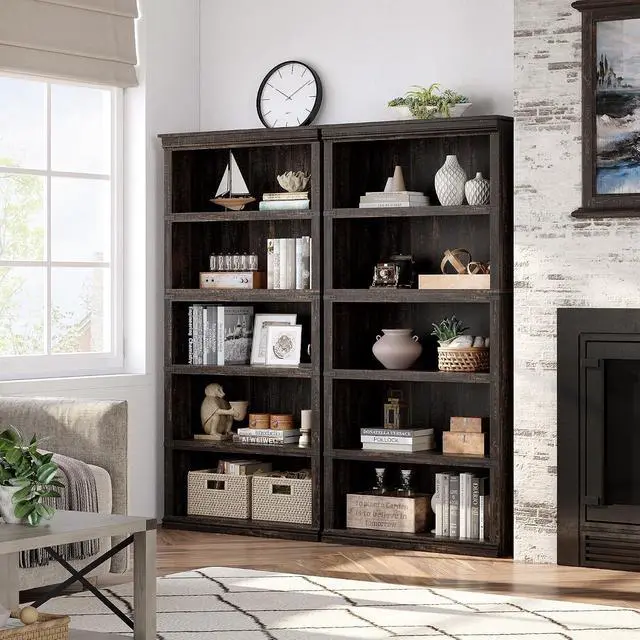Alt view image 2 of 7 - 5 Tier Bookcase, Farmhouse Book Shelf with Storage, Tall Wooden Bookcase for Home Office, Living Room, Bedroom - Dark Oak Color, 67.4" H x 31.5" W x 12.8" D, Rustic Colonial Design