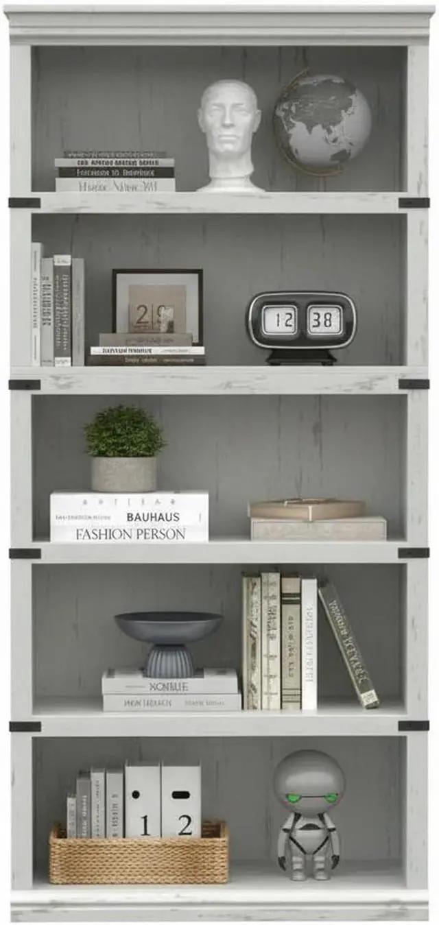 Main image of 5 Tier Bookcase, Farmhouse Book Shelf with Storage, Tall Wooden Bookcase for Home Office, Living Room, Bedroom - White, 67.4" H x 31.5" W x 12.8" D, Rustic Colonial Design