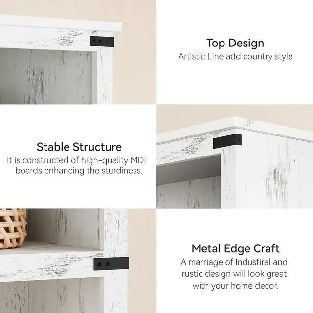Alt view image 4 of 7 - 5 Tier Bookcase, Farmhouse Book Shelf with Storage, Tall Wooden Bookcase for Home Office, Living Room, Bedroom - White, 67.4" H x 31.5" W x 12.8" D, Rustic Colonial Design