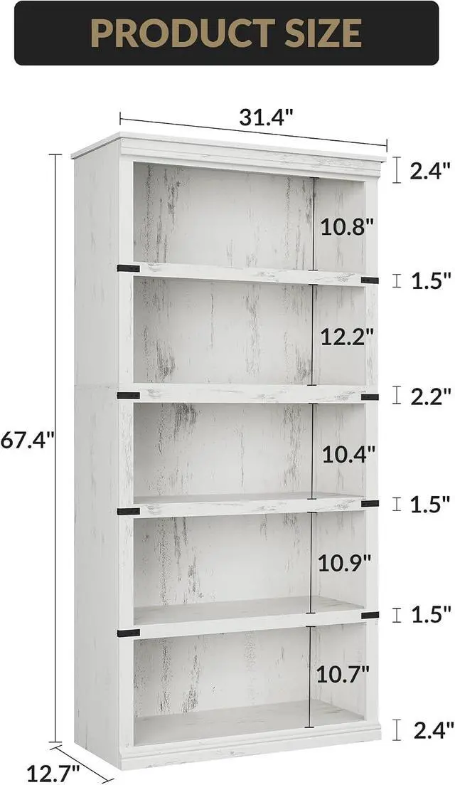 Alt view image 3 of 7 - 5 Tier Bookcase, Farmhouse Book Shelf with Storage, Tall Wooden Bookcase for Home Office, Living Room, Bedroom - White, 67.4" H x 31.5" W x 12.8" D, Rustic Colonial Design