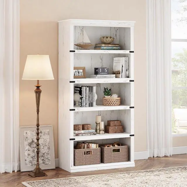 Alt view image 2 of 7 - 5 Tier Bookcase, Farmhouse Book Shelf with Storage, Tall Wooden Bookcase for Home Office, Living Room, Bedroom - White, 67.4" H x 31.5" W x 12.8" D, Rustic Colonial Design