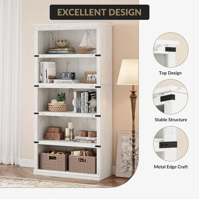 Alt view image 7 of 7 - 5 Tier Bookcase, Farmhouse Book Shelf with Storage, Tall Wooden Bookcase for Home Office, Living Room, Bedroom - White, 67.4" H x 31.5" W x 12.8" D, Rustic Colonial Design