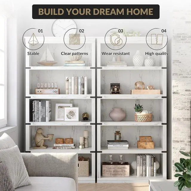 Alt view image 6 of 7 - 5 Tier Bookcase, Farmhouse Book Shelf with Storage, Tall Wooden Bookcase for Home Office, Living Room, Bedroom - White, 67.4" H x 31.5" W x 12.8" D, Rustic Colonial Design