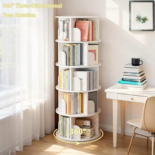 Alt view image 7 of 7 - 5 Tier Rotating Bookshelf Tower, 360° Revolving Bookcase, Round Spinning Book Shelf Kids, Small Corner Bookshelf for Living Room, Home, Office, White