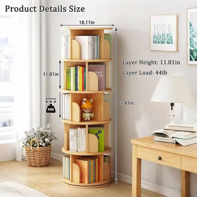 Alt view image 2 of 7 - 6 Tier Rotating Bookshelf with Drawer, 360° Display Round Spinning Bookcase with Wheels, Space-Saving, Small Space Swivel Book Tower for Bedroom, Living Room