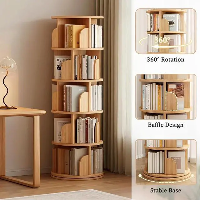Alt view image 5 of 7 - 6 Tier Rotating Bookshelf with Drawer, 360° Display Round Spinning Bookcase with Wheels, Space-Saving, Small Space Swivel Book Tower for Bedroom, Living Room