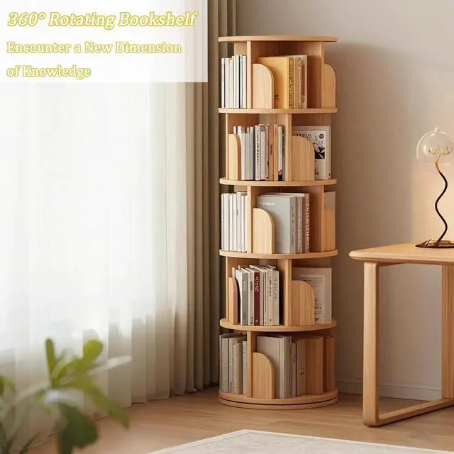Alt view image 7 of 7 - 6 Tier Rotating Bookshelf with Drawer, 360° Display Round Spinning Bookcase with Wheels, Space-Saving, Small Space Swivel Book Tower for Bedroom, Living Room