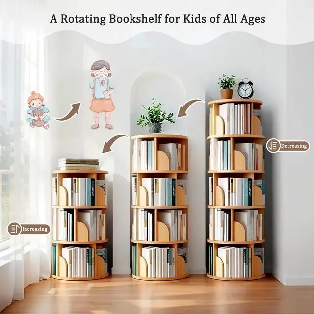 Alt view image 3 of 7 - 6 Tier Rotating Bookshelf with Drawer, 360° Display Round Spinning Bookcase with Wheels, Space-Saving, Small Space Swivel Book Tower for Bedroom, Living Room