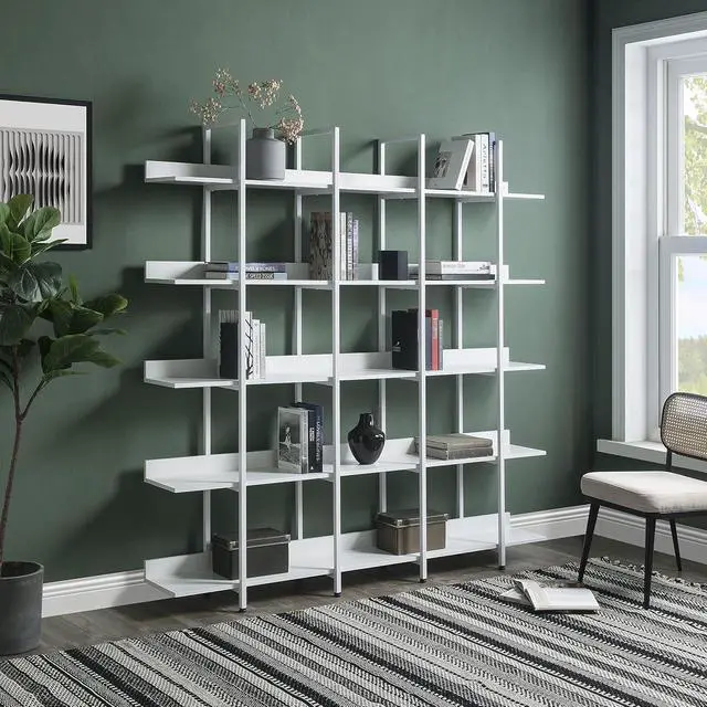 Alt view image 2 of 7 - 5 Tier Bookcase Home Office Open Bookshelf, Vintage Industrial Style Shelf with Metal Frame, MDF Board