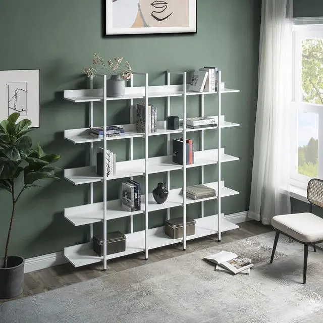 Alt view image 3 of 7 - 5 Tier Bookcase Home Office Open Bookshelf, Vintage Industrial Style Shelf with Metal Frame, MDF Board