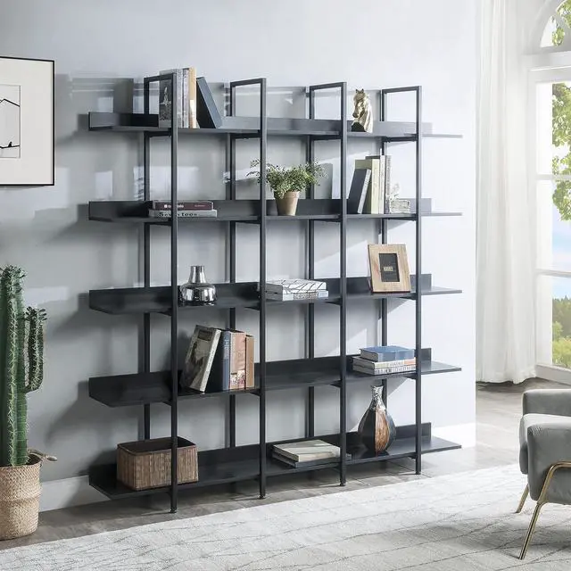 Main image of 5 Tier Bookcase Home Office Open Bookshelf, Vintage Industrial Style Shelf with Metal Frame, MDF Board