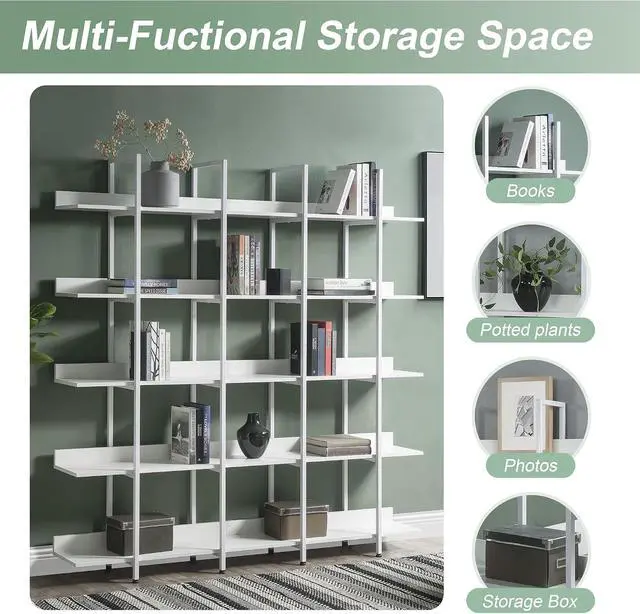 Alt view image 6 of 7 - 5 Tier Bookcase Home Office Open Bookshelf, Vintage Industrial Style Shelf with Metal Frame, MDF Board
