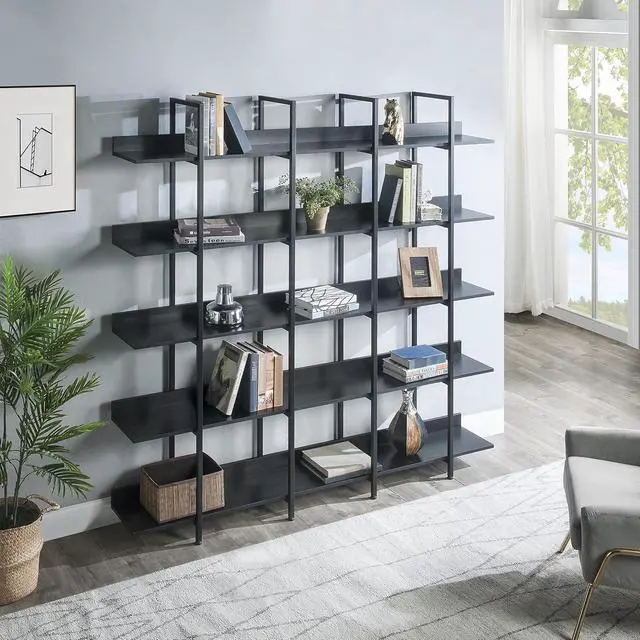 Alt view image 4 of 7 - 5 Tier Bookcase Home Office Open Bookshelf, Vintage Industrial Style Shelf with Metal Frame, MDF Board