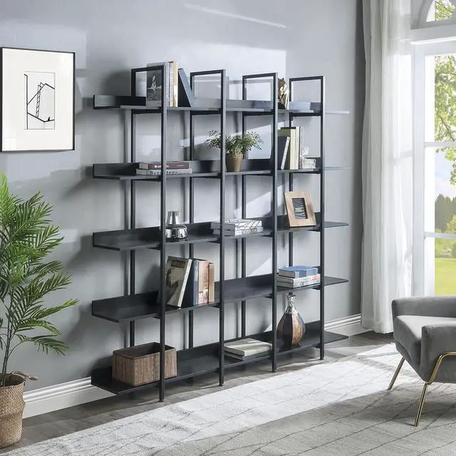 Alt view image 3 of 7 - 5 Tier Bookcase Home Office Open Bookshelf, Vintage Industrial Style Shelf with Metal Frame, MDF Board