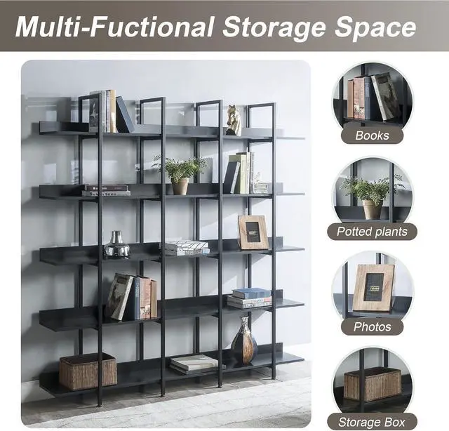 Alt view image 6 of 7 - 5 Tier Bookcase Home Office Open Bookshelf, Vintage Industrial Style Shelf with Metal Frame, MDF Board