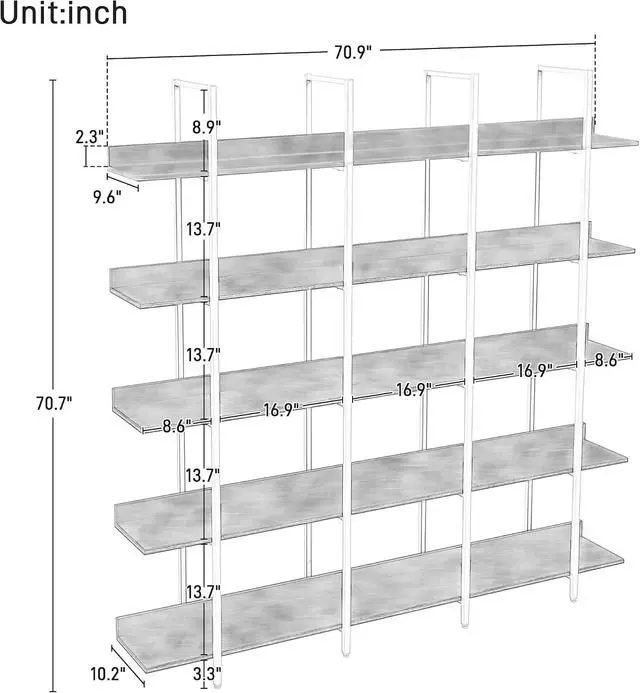 Alt view image 2 of 7 - 5 Tier Bookcase Home Office Open Bookshelf, Vintage Industrial Style Shelf, MDF Board, White Metal Frame, Oak