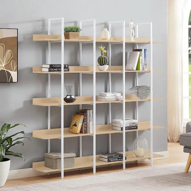 Main image of 5 Tier Bookcase Home Office Open Bookshelf, Vintage Industrial Style Shelf, MDF Board, White Metal Frame, Oak