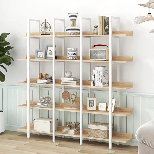 Alt view image 3 of 7 - 5 Tier Bookcase Home Office Open Bookshelf, Vintage Industrial Style Shelf, MDF Board, White Metal Frame, Oak