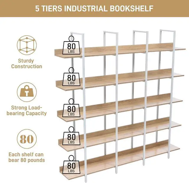 Alt view image 4 of 7 - 5 Tier Bookcase Home Office Open Bookshelf, Vintage Industrial Style Shelf, MDF Board, White Metal Frame, Oak