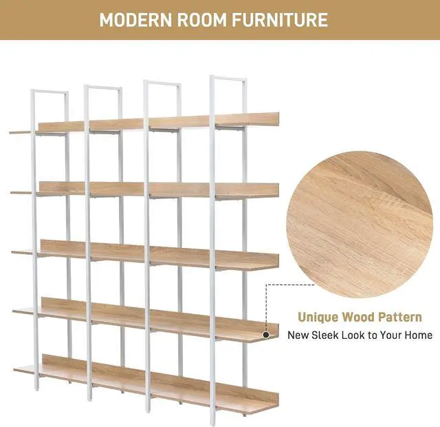 Alt view image 6 of 7 - 5 Tier Bookcase Home Office Open Bookshelf, Vintage Industrial Style Shelf, MDF Board, White Metal Frame, Oak