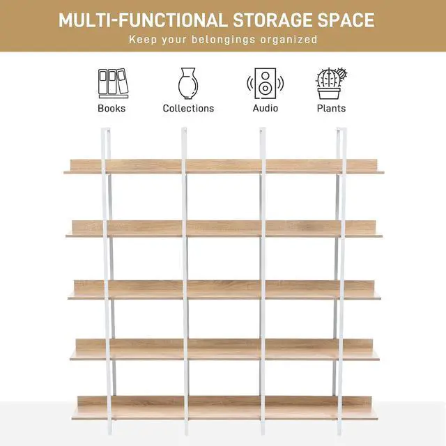 Alt view image 7 of 7 - 5 Tier Bookcase Home Office Open Bookshelf, Vintage Industrial Style Shelf, MDF Board, White Metal Frame, Oak