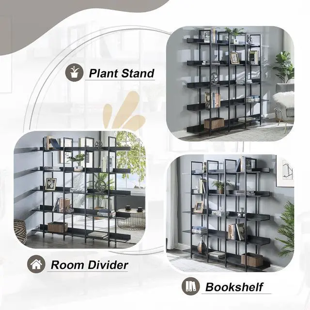 Alt view image 7 of 7 - 5 Tier Bookcase Home Office Open Bookshelf, Vintage Industrial Style Shelf with Metal Frame, MDF Board